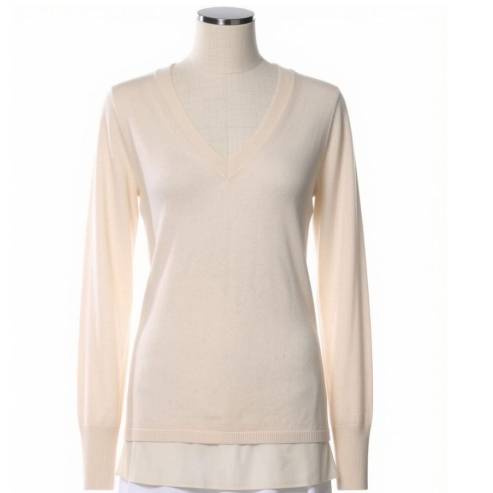 Vince Wool Cashmere V Neck Sweater Silk Trim Neutral XS